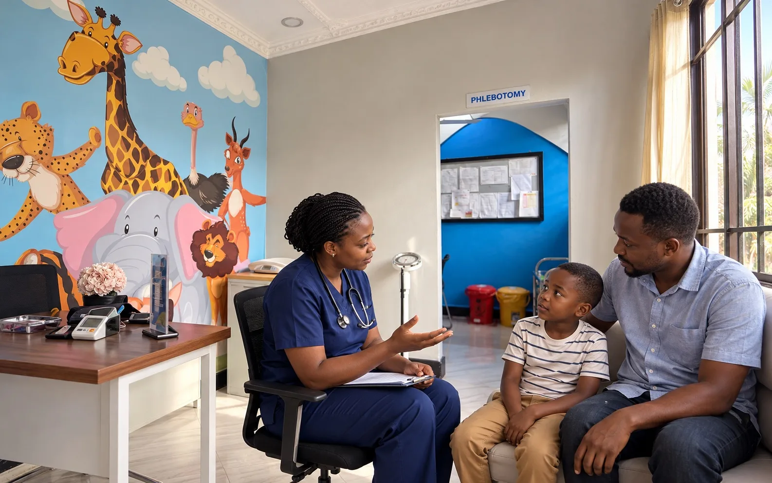 A clinician talking with a young boy and a man in a children's consultation room