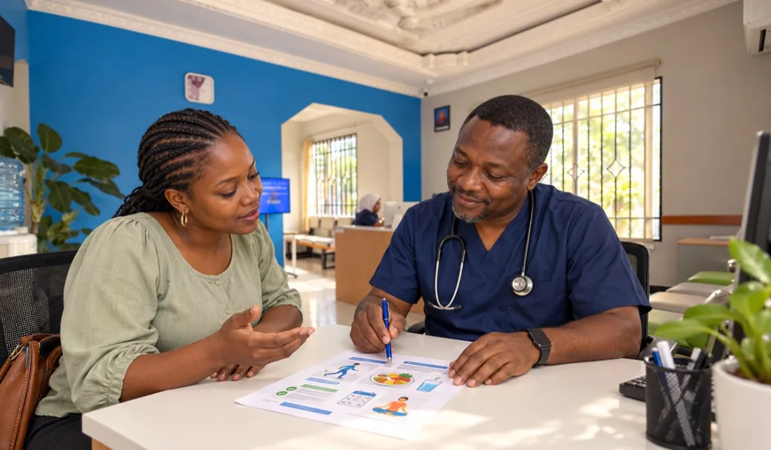 A clinician going through a printed care plan with a patient
