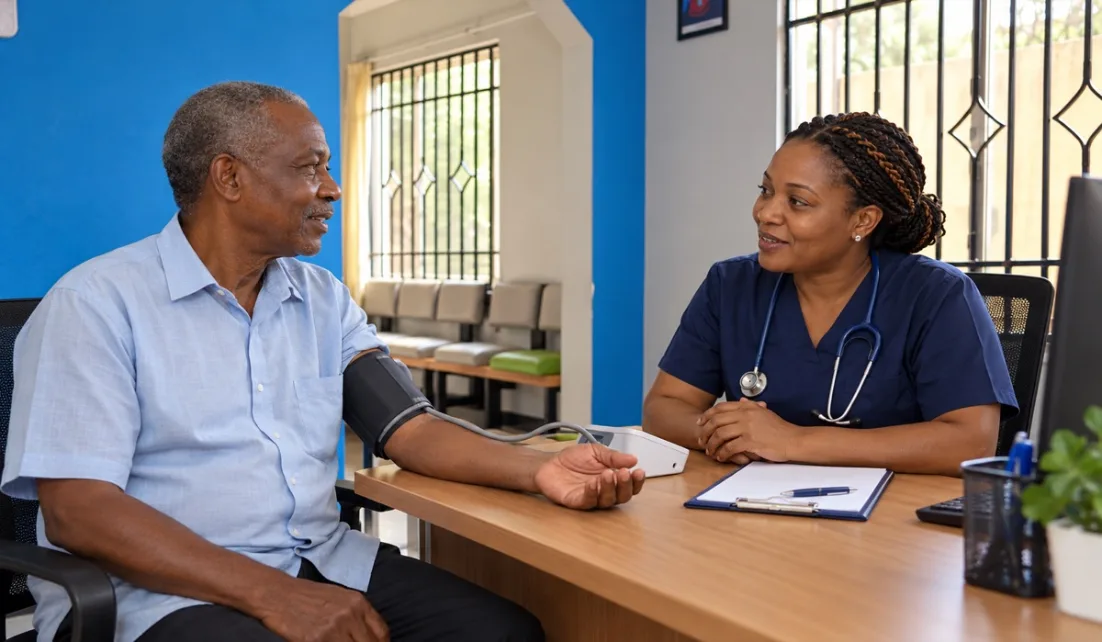 A nurse checking a patient's blood pressure at a clinic desk