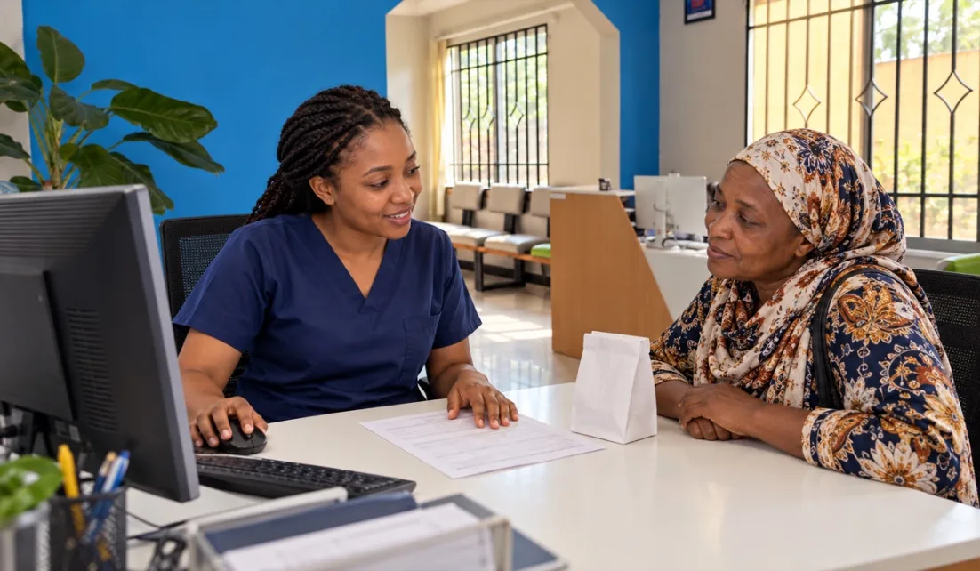 A nurse going over a prescription with a patient, her medication in a bag on the desk