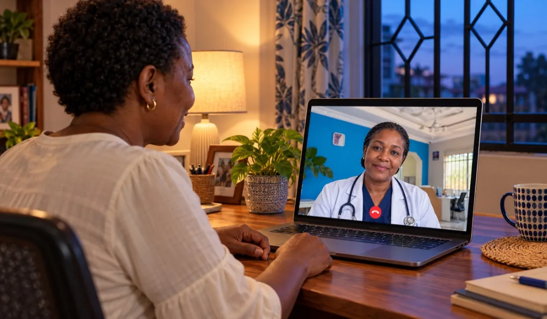A woman at home in the evening on a video call with her doctor