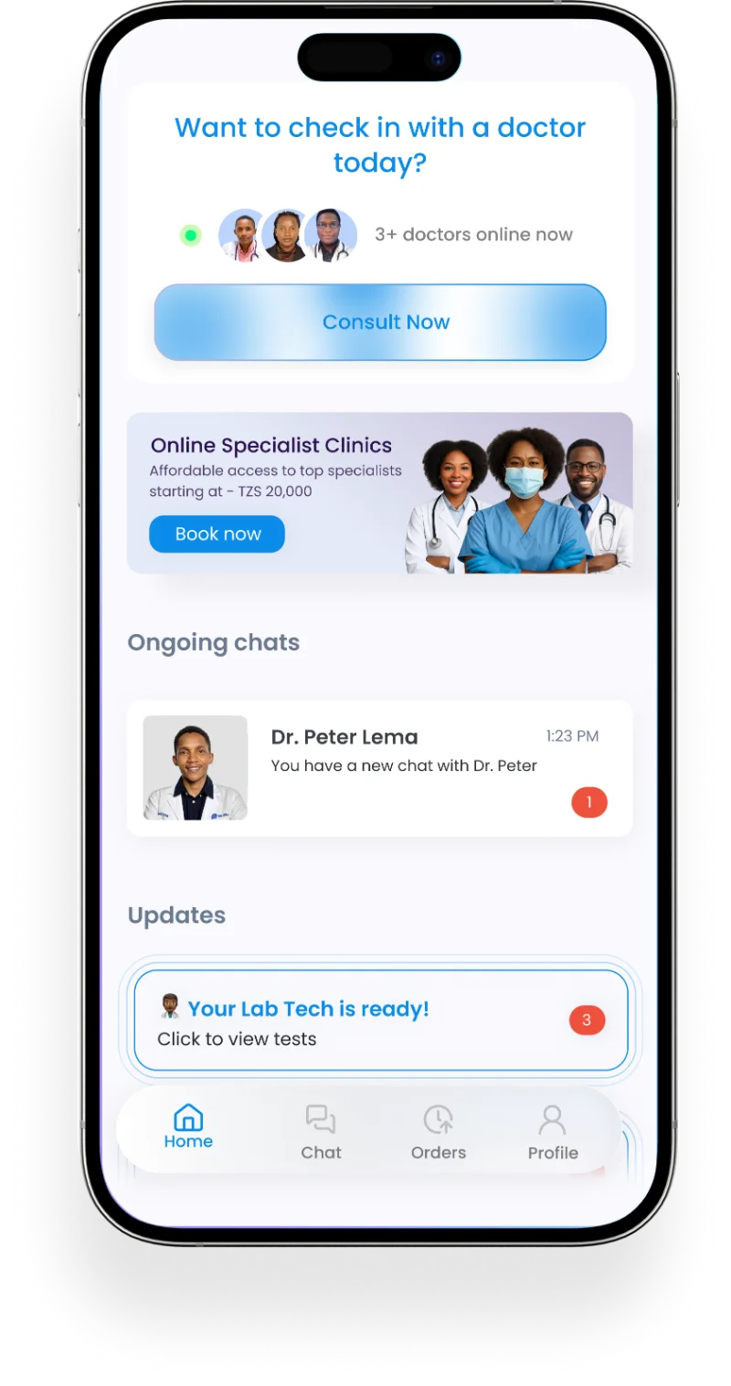 The Medikea app showing doctor check-in, specialist clinics and ongoing chats