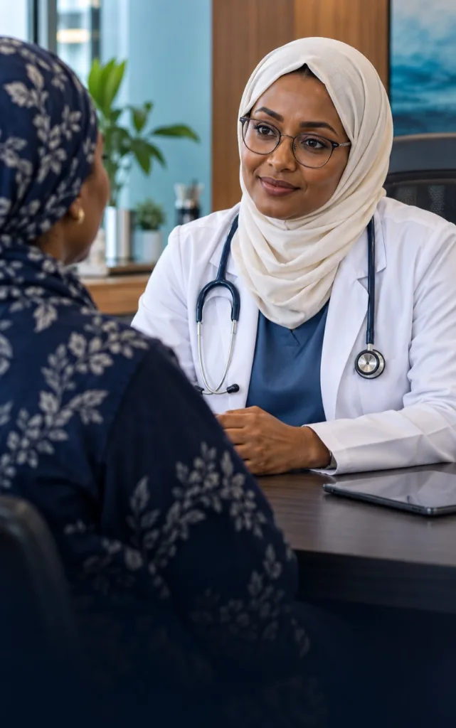 Doctor with a stethoscope listening to a patient across a desk