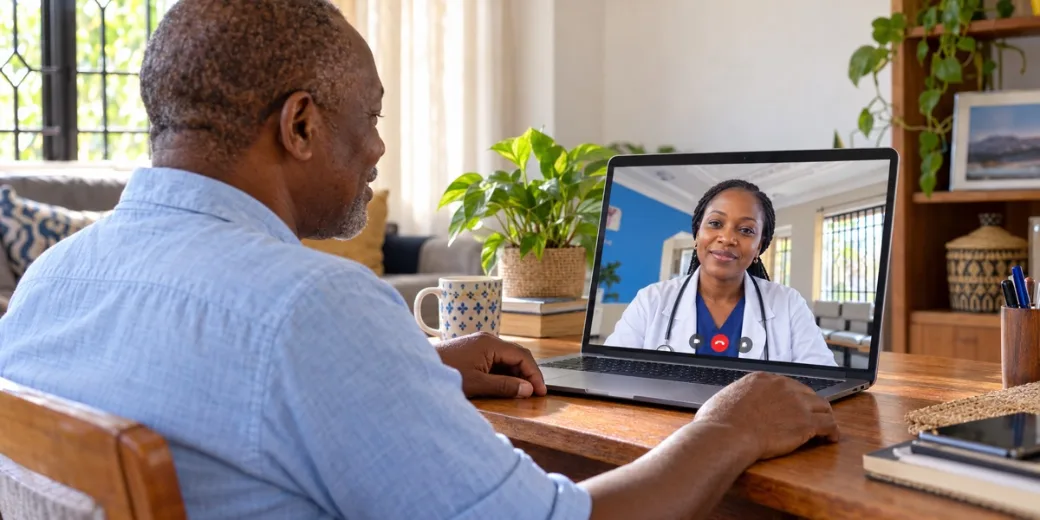 A man at home on a video call with a doctor